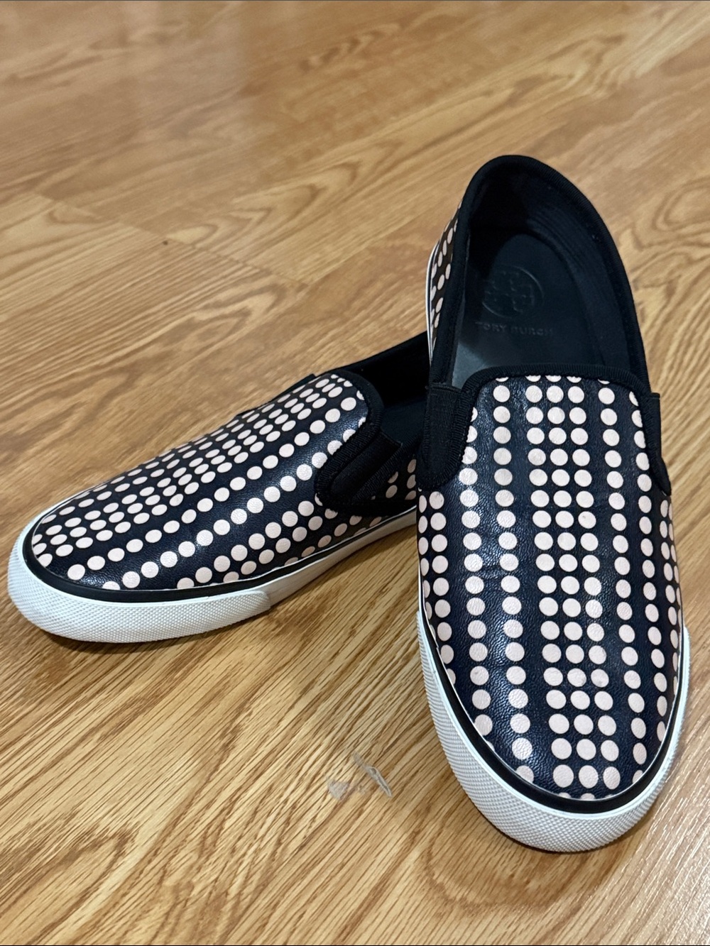Tory Burch Black Slip-On Sneakers with Light Pink Dot Pattern